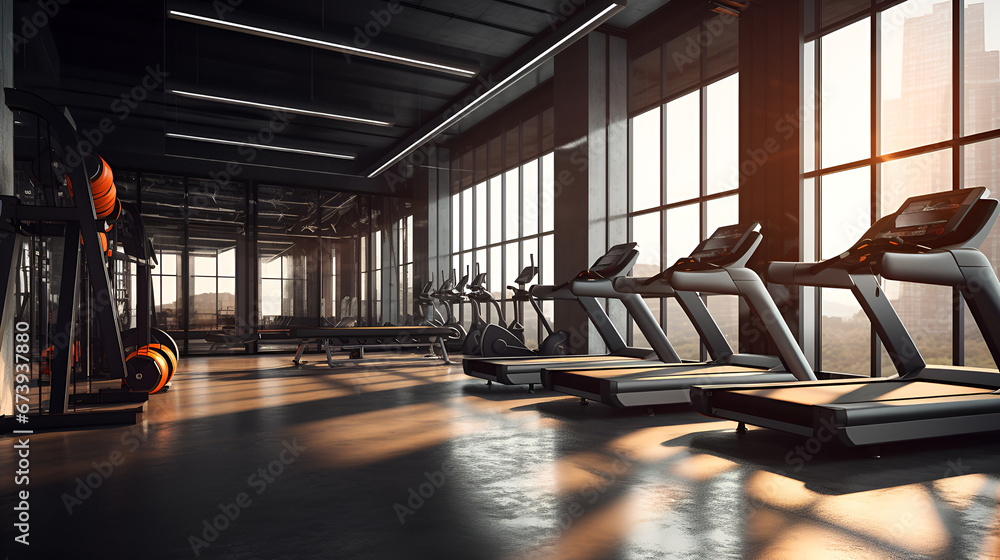 Exercise machines in spacious empty gym interior. Special modern equipment for physical training. Exercise machines in spacious empty gym interior. Special modern equipment for physical training.