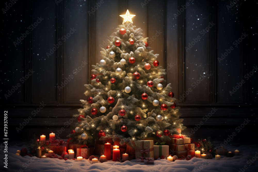 christmas tree with decorations, bright star on top, presents under the tree
