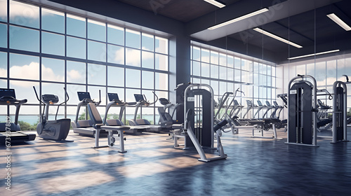 Exercise machines in spacious empty gym interior. Special modern equipment for physical training.
