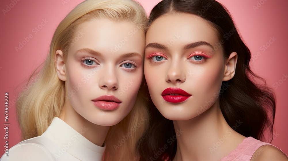 Beauty Shot Two Models Is Wearing Bright Pink Lipstick