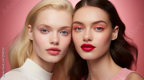 Beauty Shot Two Models Is Wearing Bright Pink Lipstick