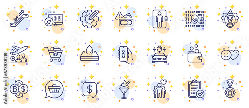 Outline set of Escalator, Clown and Fraud line icons for web app. Include Approved report, Elevator, Winner reward pictogram icons. Shopping cart, Settings gear, Remove purchase signs. Vector