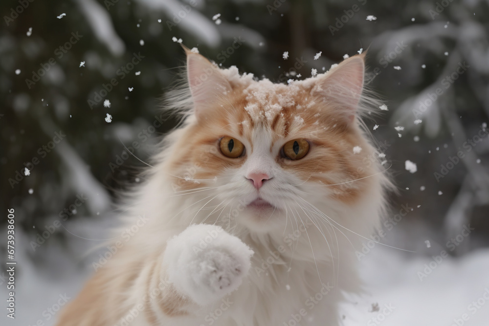 Cat playing in the snow in winter season. Cute kitten having fun with white snow.