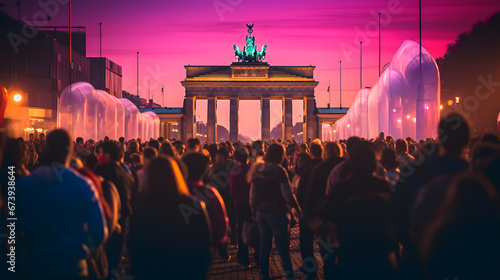 A photo of the Brandenburg Gate, with a bustling cityscape as the background, during a lively festival