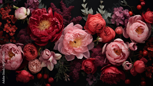 Beautiful bouquet of peonies and different flowers on a black background. Flower petals. Floral wallpaper. Pattern from natural flowers. Floral card design with dark vintage effect. Generated AI photo