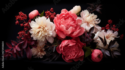 Fototapeta Naklejka Na Ścianę i Meble -  Beautiful bouquet of peonies and different flowers on a black background. Flower petals. Floral wallpaper. Pattern from natural flowers. Floral card design with dark vintage effect. Generated AI