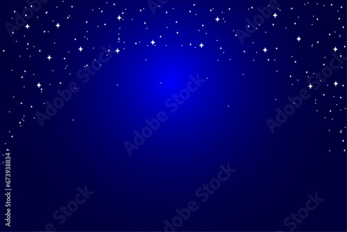 Scene of white stars and small gold sparkles on a blue gradient background. Scene or design element for New Year cards. Vector illustration.