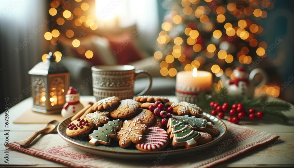 A close-up image of a gingerbread cookie, soft-focus festive lights in the background, creating a warm, celebratory atmosphere.