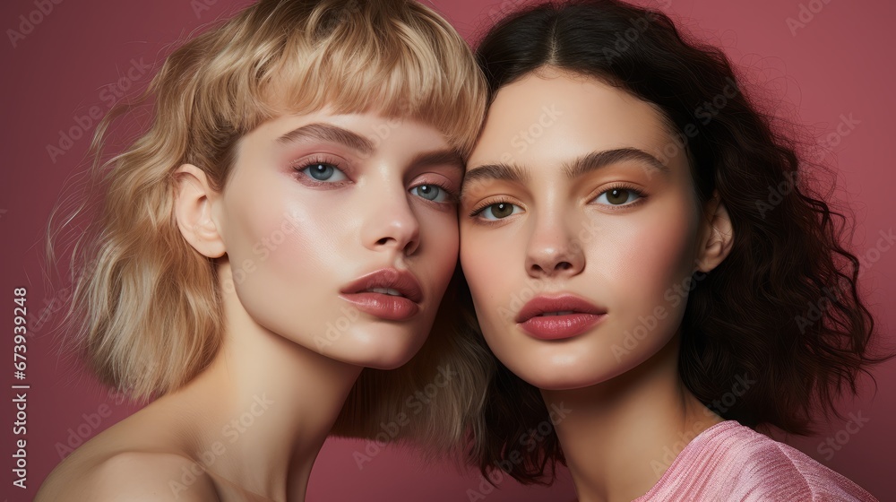 Beauty Shot Two Models Is Wearing Bright Pink Lipstick Beauty Shot Two Models Is Wearing Bright Pink Lipstick