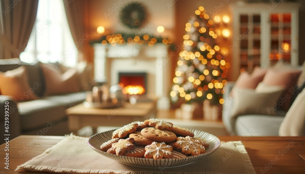 Fototapeta premium A close-up image of a gingerbread cookie, soft-focus festive lights in the background, creating a warm, celebratory atmosphere.