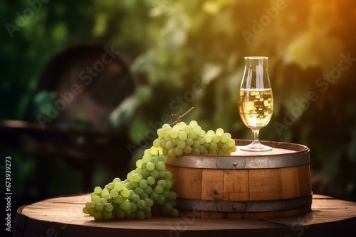 White wine in a vineyard with a barrel, on an old wooden table. Sunlit summer background. Generative AI