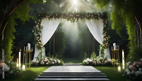 Wedding decoration backdrop with podium and wedding decorations photo