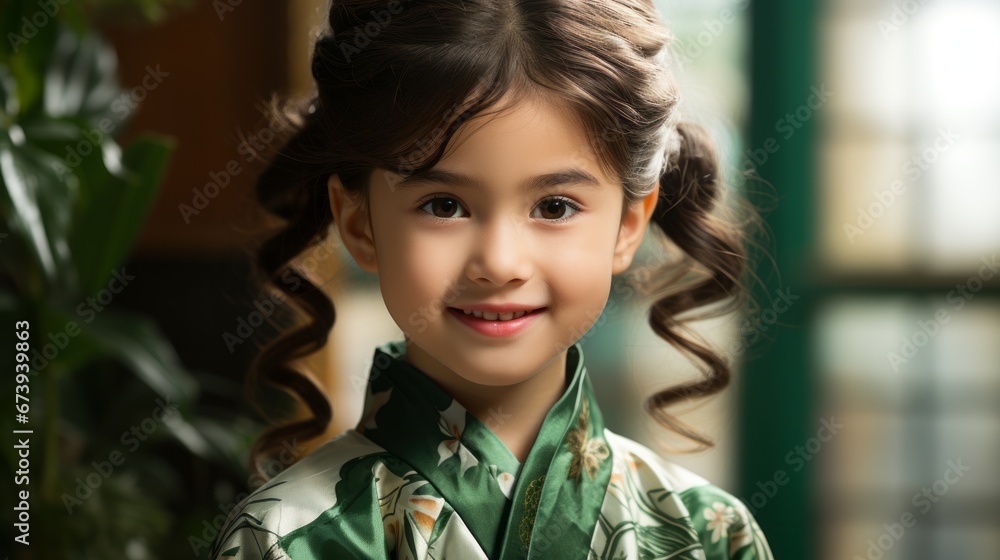 Cute Asian Girl with curly hair and wearing a green kimono Cute Asian Girl with curly hair and wearing a green kimono