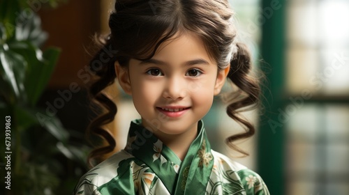 Cute Asian Girl with curly hair and wearing a green kimono