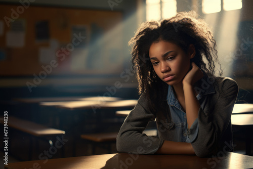 Teenage depression. Unmotivated african american student at desk. Generative AI photo