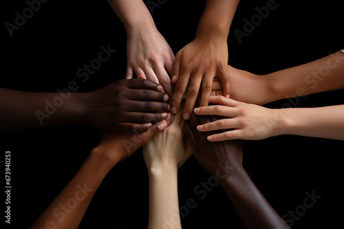 Many hands of different races and ethnicities.Diverse youth fighting against discrimination