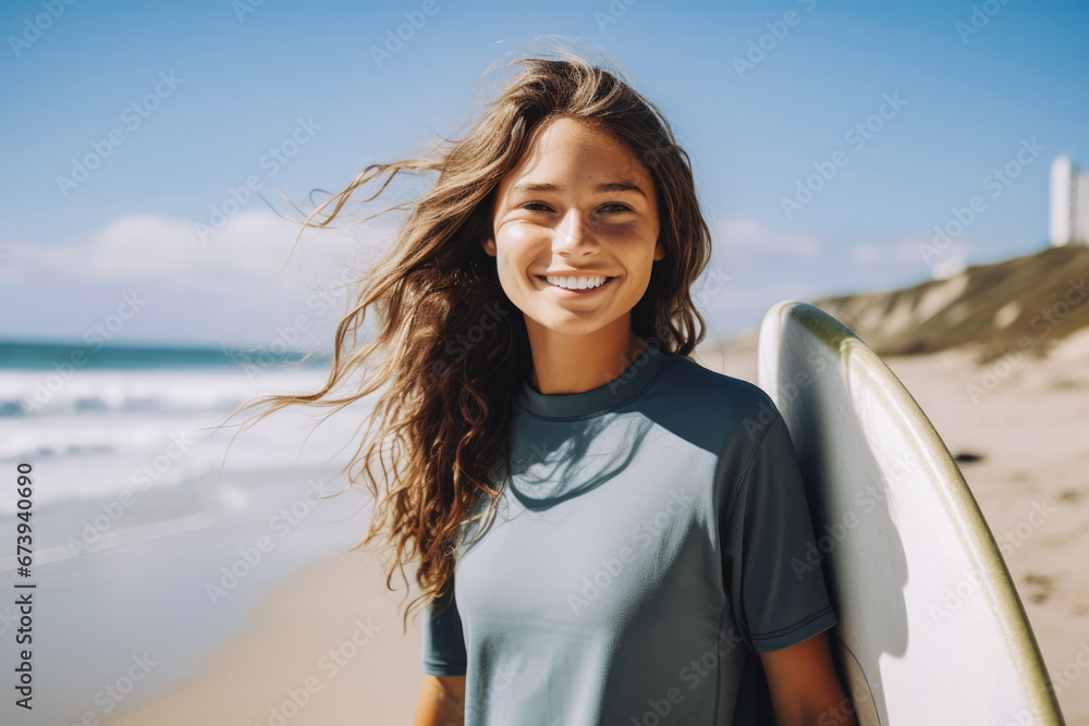 female surfer on the beach with surfboard in hand. Beautiful female surfer smiling at camera, ready to go surfing. Summer at the beach, surfing