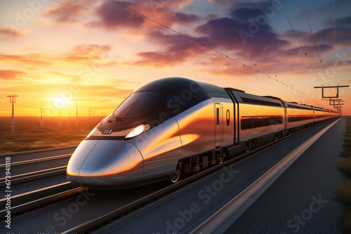 High speed train on sunset background transportation © Suriyo