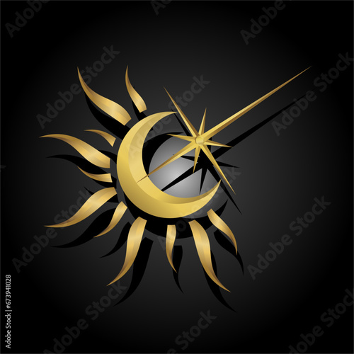 Crescent moon with sunlight and stars. Wicca, alchemy, mystical, magic, celestial, esoteric, sacred, spiritual, occult inspired concepts, Graphic logos, tarot cards, astrological symbols
