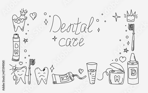 Frame border hand drawn dental vector set. Toothpaste, cartoon tooth, dental floss and toothbrush in doodle style. Dental care.  Products for dentistry, hygiene and dental health.