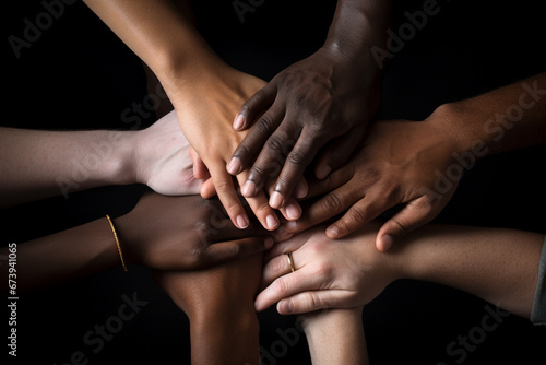 Many hands of different races and ethnicities.Diverse youth fighting against discrimination photo