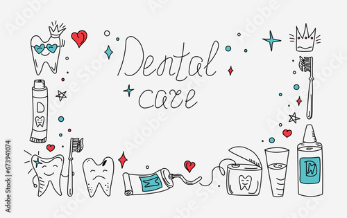 Toothpaste , Cartoon tooth , dental floss and toothbrush in doodle style. Dental care. Dentistry, hygiene and dental health products. Vector. 
