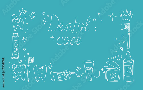 Dental care. Toothpaste , cartoon tooth , dental floss and toothbrush in doodle style.  Dentistry, hygiene and dental health products. Vector.