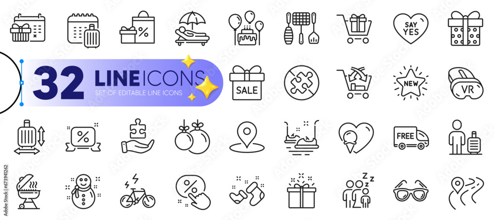 Outline set of Baggage size, Christmas ball and Vr line icons for web with Shopping cart, Ice cream, Special offer thin icon. New star, Christmas calendar, Pin pictogram icon. Sunbed. Vector