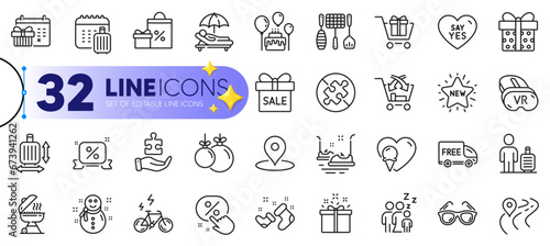 Outline set of Baggage size, Christmas ball and Vr line icons for web with Shopping cart, Ice cream, Special offer thin icon. New star, Christmas calendar, Pin pictogram icon. Sunbed. Vector