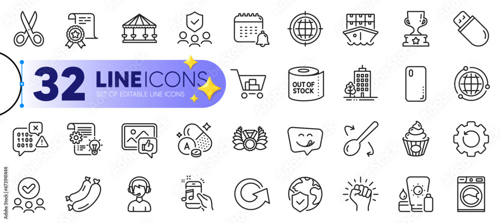 Outline set of Sausage, Winner cup and World insurance line icons for web with Recovery gear, Music phone, Cake thin icon. Yummy smile, Calendar, Like photo pictogram icon. Vector Outline set of Sausage, Winner cup and World insurance line icons for web with Recovery gear, Music phone, Cake thin icon. Yummy smile, Calendar, Like photo pictogram icon. Vector