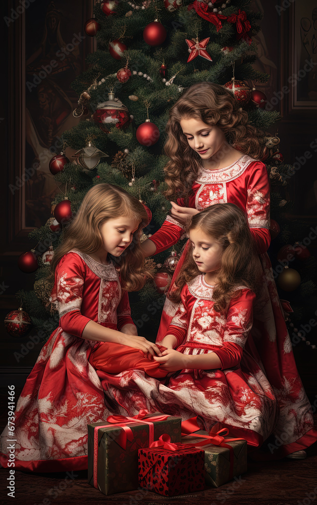 Girls unpacking gifts under the Christmas tree on winter holidays. Xmas family scene.