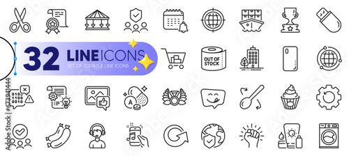Outline set of Sausage, Winner cup and World insurance line icons for web with Recovery gear, Music phone, Cake thin icon. Yummy smile, Calendar, Like photo pictogram icon. Vector