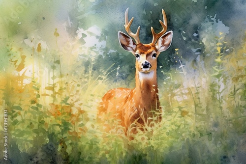 Watercolor painting of a deer in a field with intricate paper texture. Generative AI