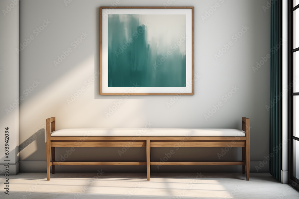 Wooden bench in the room with day light from window and square picture on a wall Wooden bench in the room with day light from window and square picture on a wall