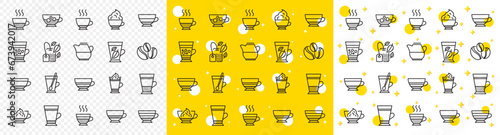 Set of Latte, Frappe and Cappuccino icons. Coffee types and Tea icons. Espresso, Doppio and Cafe Crema. Americano, Whipped cream latte and Coffee with ice. Mocha cafe, Herbal, Mint tea cups. Vector