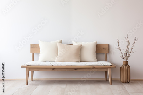 Wooden bench in a home, neutral beige colors © Natalya