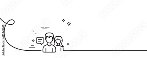 People talking line icon. Continuous one line with curl. Conversation sign. Communication speech bubbles symbol. People talking single outline ribbon. Loop curve pattern. Vector