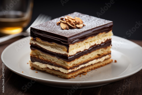 Elegant Layered Chocolate Opera Cake Piece on White Plate