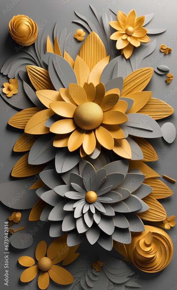 3d Drawing of floral digital modern art wall decor. golden and gray shapes for wall canvas artwork decor. mural wallpaper, Generative AI