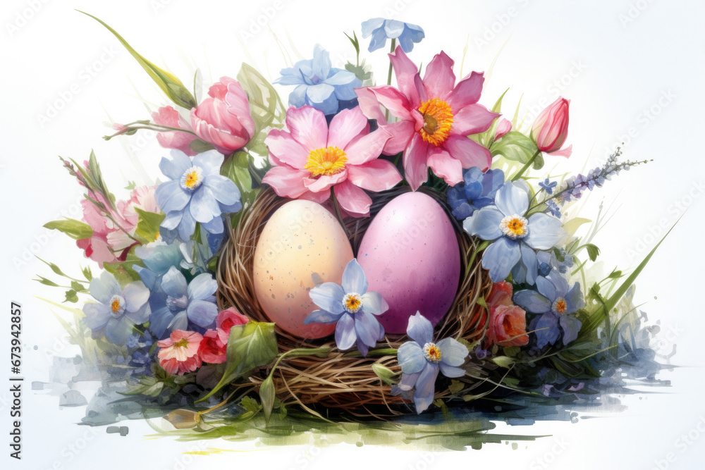 Illustration of watercolor Easter eggs in flowers, fantasy painting in pastel colors Illustration of watercolor Easter eggs in flowers, fantasy painting in pastel colors
