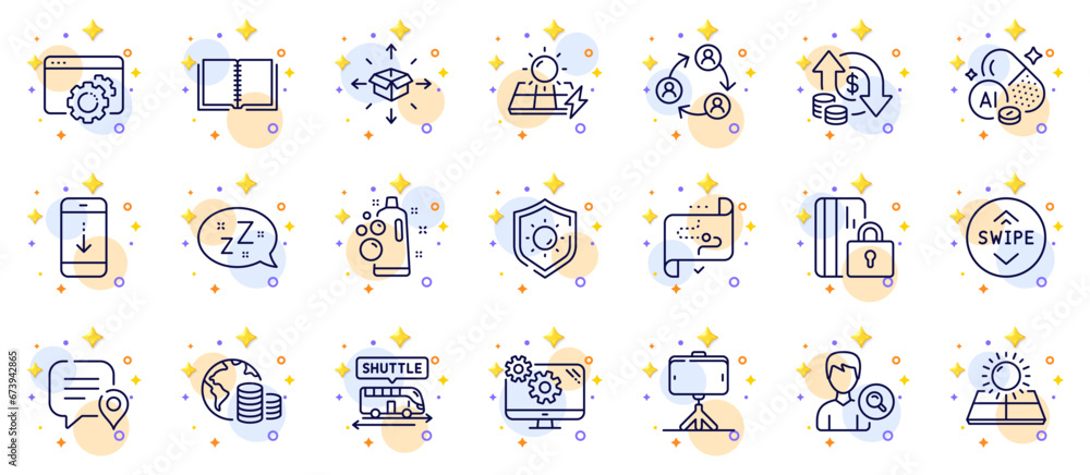 Outline set of Chat bubble, Swipe up and Target path line icons for web app. Include Blocked card, Solar panels, Budget pictogram icons. Seo gear, Shuttle bus, Change money signs. Vector Outline set of Chat bubble, Swipe up and Target path line icons for web app. Include Blocked card, Solar panels, Budget pictogram icons. Seo gear, Shuttle bus, Change money signs. Vector