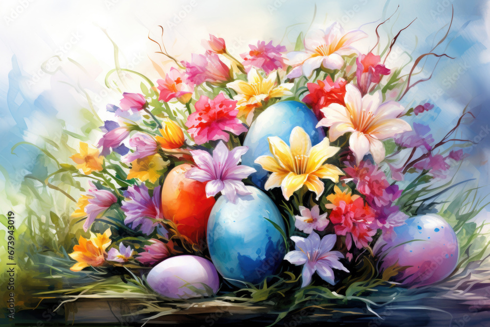 Illustration of watercolor Easter eggs in flowers, fantasy painting in pastel colors Illustration of watercolor Easter eggs in flowers, fantasy painting in pastel colors