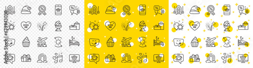 Outline Grill, Coffee and Santa hat line icons pack for web with Kiss me, Rainbow, Discounts offer line icon. Discount medal, Yummy smile, Gifts pictogram icon. Smartphone buying. Vector