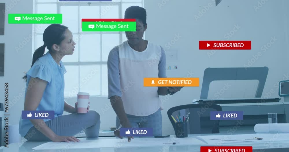 Animation of notification bars, diverse colleagues with coffee and digital tablet sharing ideas Animation of notification bars, diverse colleagues with coffee and digital tablet sharing ideas