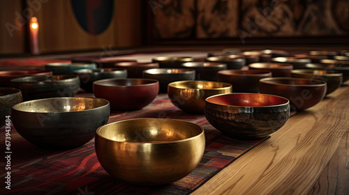 Set of tibetan singing bowls for yoga, meditation, sound massage and healing photo