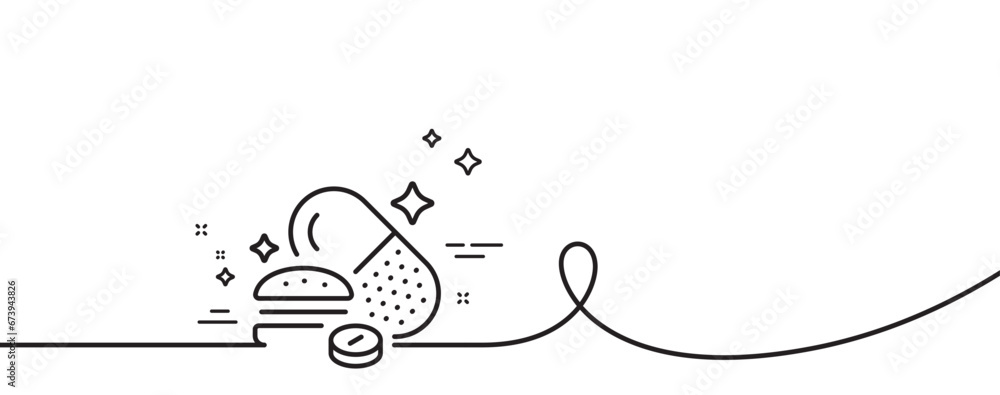 Overeating pills line icon. Continuous one line with curl. Food digestion capsule sign. Unhealthy nutrition symbol. Overeating pills single outline ribbon. Loop curve pattern. Vector Overeating pills line icon. Continuous one line with curl. Food digestion capsule sign. Unhealthy nutrition symbol. Overeating pills single outline ribbon. Loop curve pattern. Vector