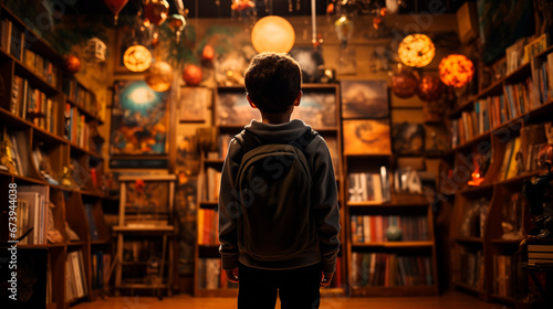 Child standing in front of a bookshelf fantasy reading books interested read a book photo