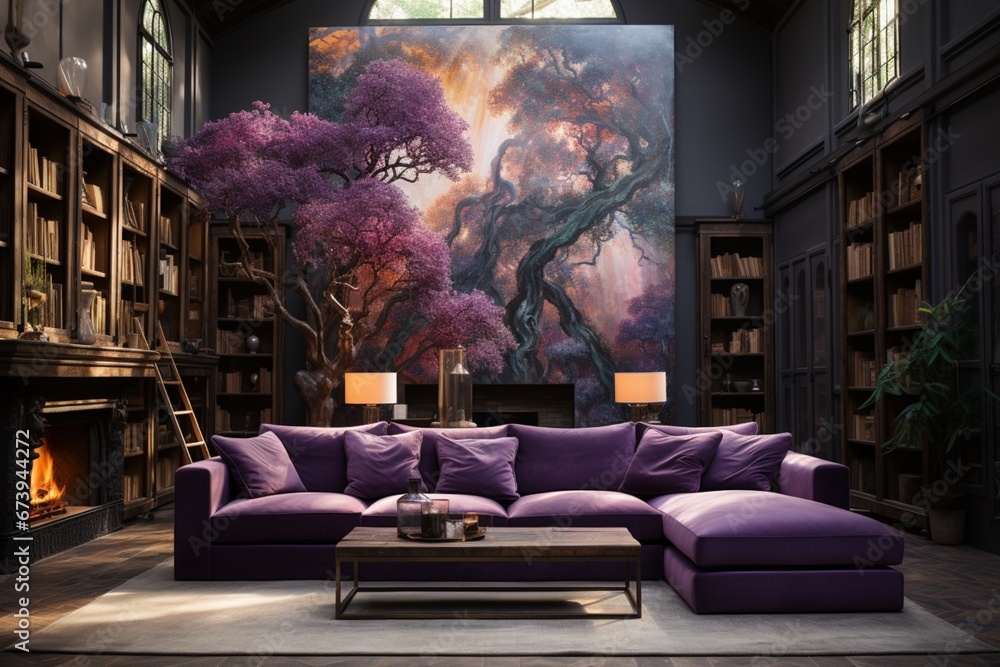 A purple sofa in a room with high ceilings, showcasing the interior design of a modern living room