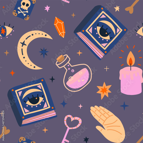 Seamless pattern of Witchcraft set of magic items. Symbols of witches, magic and wizardry. Halloween illustration with magician objects-candles, potions bottle, moon, crystal, spell book, Tarot Cards.