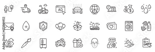 Icons pack as Add gift, Ice creams and Checklist line icons for app include Delivery truck, Ad, Truck delivery outline thin icon web set. Brush, Car leasing, Business idea pictogram. Vector